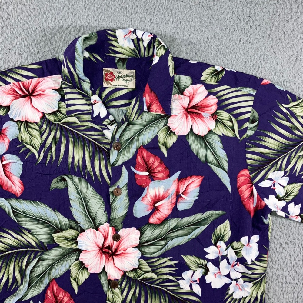 The Hawaiian Original Shirt Men L Purple Floral Hibiscus Tropical Camp Button Up